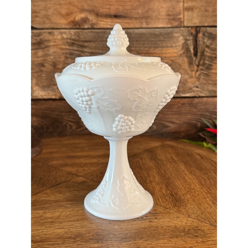 Westmoreland Milk Glass Paneled Grape Pedestal Candy Dish with Lid Vintage White